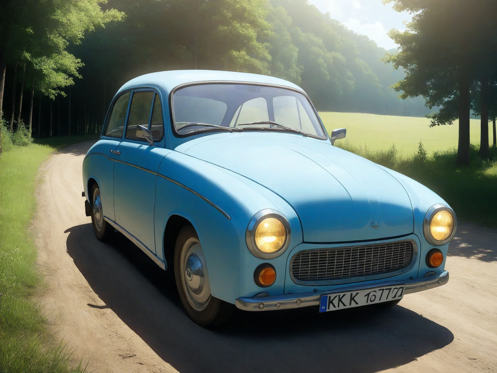 professional 3d model cinematic film still breathtaking anime artwork light blue 60s polish compact car, driving along a dirt road in the middle of the forest on a sunny day, dust coming from under the wheels, trees and delicate summer clouds in the background  epic still shoot <lora:add-detail-xl:1> <lora:60s polish compact car:1> . anime style, key visual, vibrant, studio anime, highly detailed . award-winning, professional, highly detailed . shallow depth of field, vignette, highly detailed, high budget Hollywood movie, bokeh, cinemascope, moody, epic, gorgeous, film grain, grainy . octane render, highly detailed, volumetric, dramatic lighting