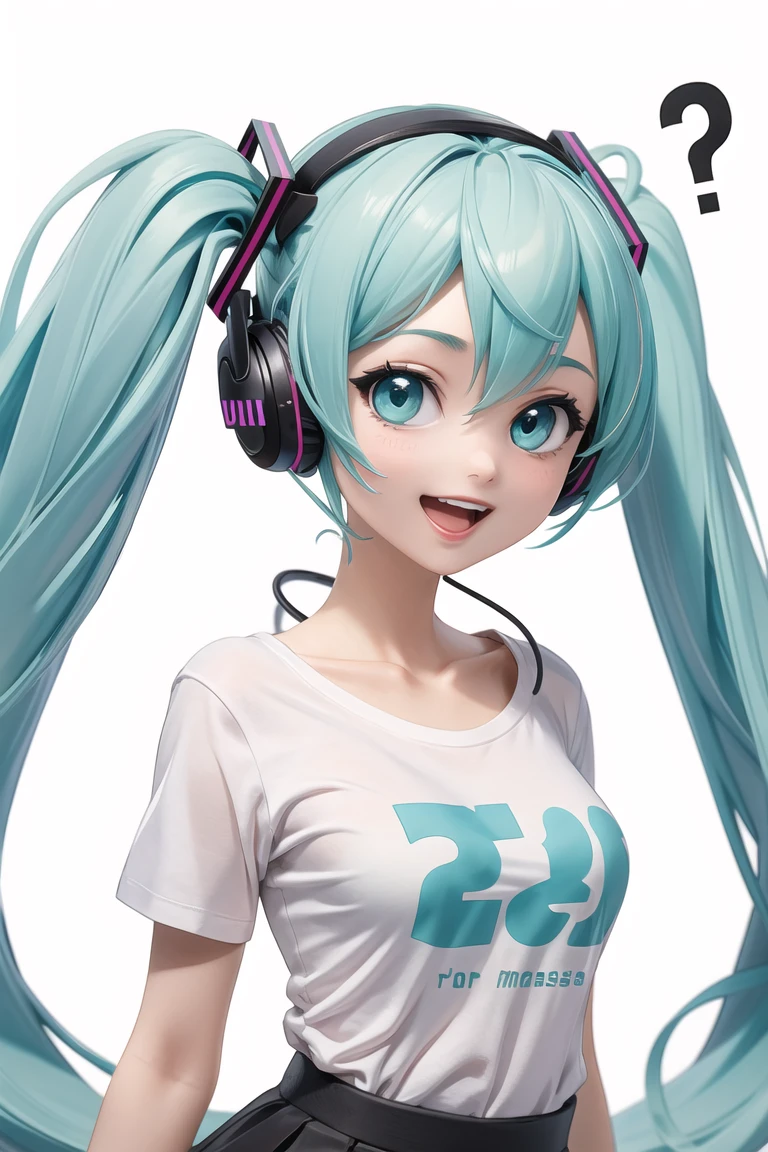 (masterpiece),best quality,1girl, hatsune miku, shirt, long hair, twintails, ?, solo, spoken question mark, aqua eyes, aqua hair, open mouth, white background, white shirt, very long hair, hair ornament, clothes writing, upper body, headphones, speech bubble, off shoulder, collarbone, short sleeves, smile, simple background, english text, t-shirt