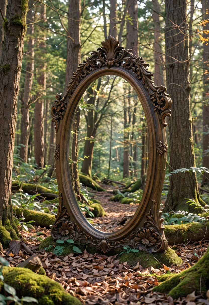 (masterpiece), (best quality), (ultra-detailed), cinematic still turn back time with a magic mirror in a mysterious enchanted forest.