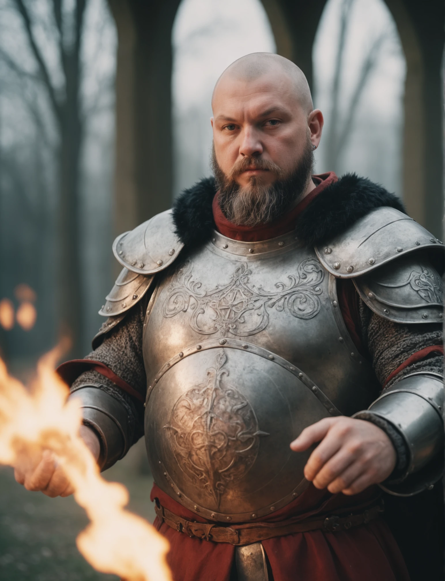 best quality, photograph, heavyset traditional Medieval mage, very magnificent, Tattoos, Armor, fireball, shallow depth of field, Cold Lighting, Kodak UltraMax 400, Selective focus, most beautiful artwork in the world, epic