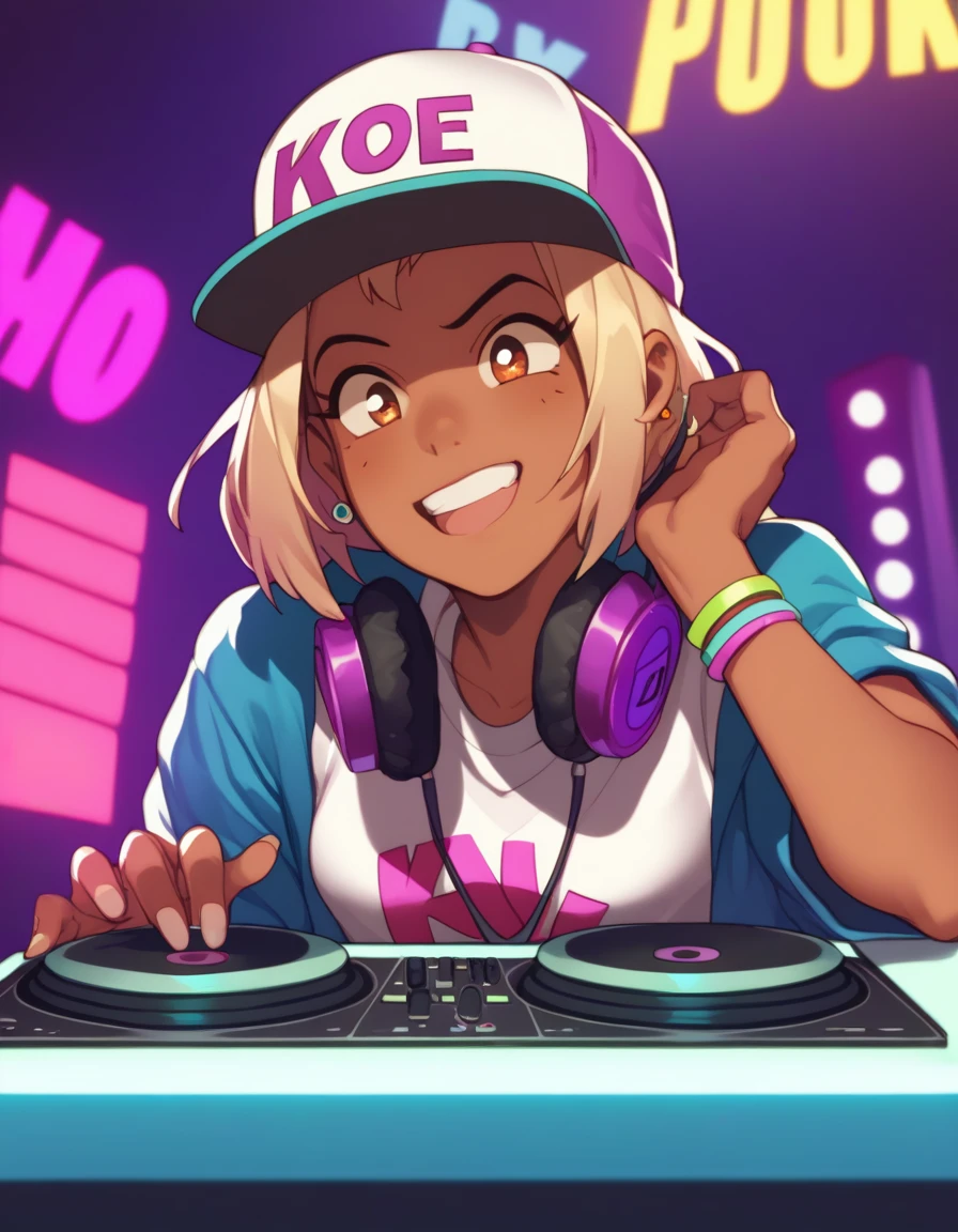 score_9, score_8_up, score_7_up, score_6_up, score_5_up, score_4_up <lora:kitsurubami-ponyxl:1> kitsurubami, dark-skinned female, hat,
1girl, solo, karaoke, karaoke box, dj