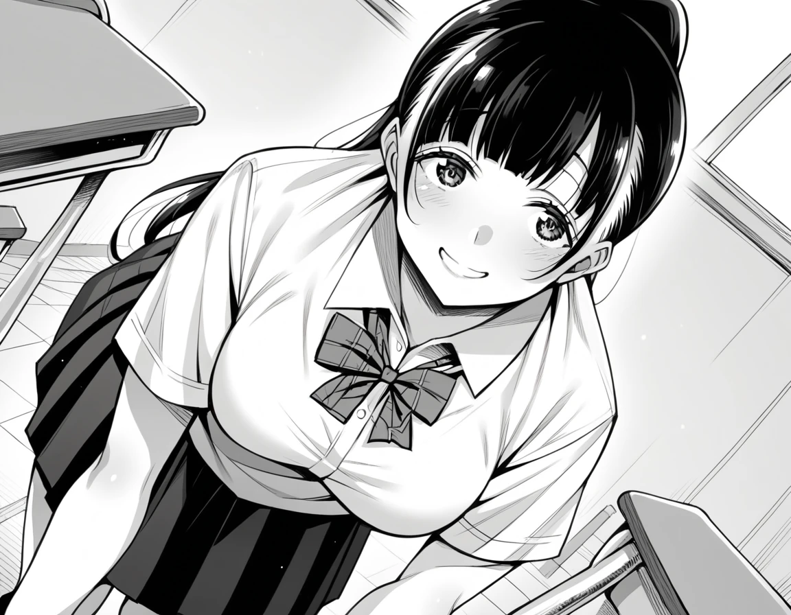 score_9, score_8_up, score_7_up, source_anime,
yuitachibana, <lora:yui-tachibana-manga-ponyxl-lora-nochekaiser:1>,
yui tachibana, long hair, bangs, ponytail, monochrome, greyscale,
skirt, bow, school uniform, pleated skirt, shirt, white shirt, collared shirt, short sleeves,
indoors, classroom, bent over, smile,
looking at viewer, solo, dutch angle, cowboy shot,