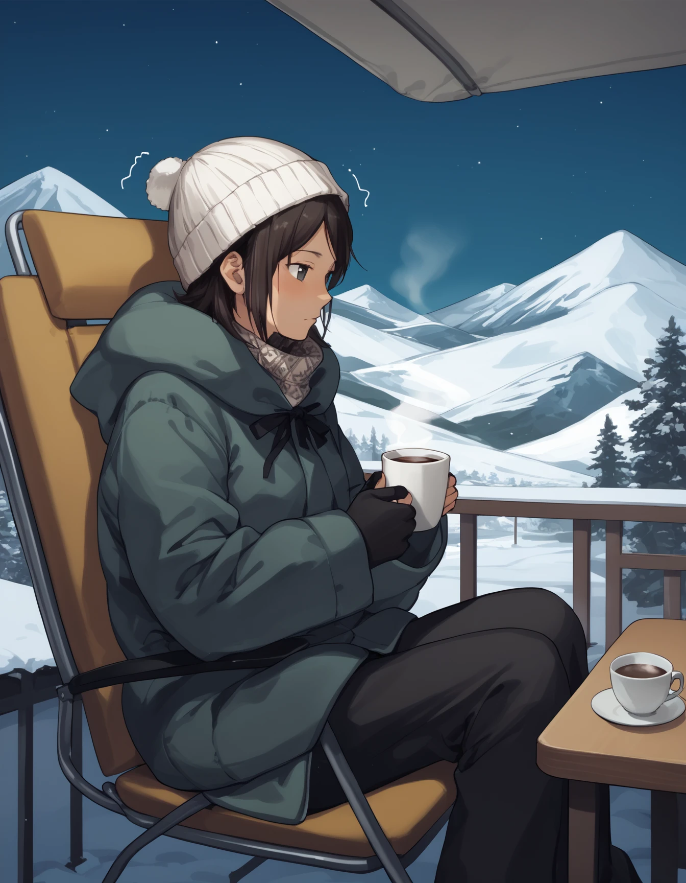 score_9,  score_8_up, score_7_up, source_anime <lora:takahashi-maya-ponyxl-000035:1> takahashi maya, winter clothes,
1girl, solo, sitting, camping chair, trembling, coffee, mountain, night