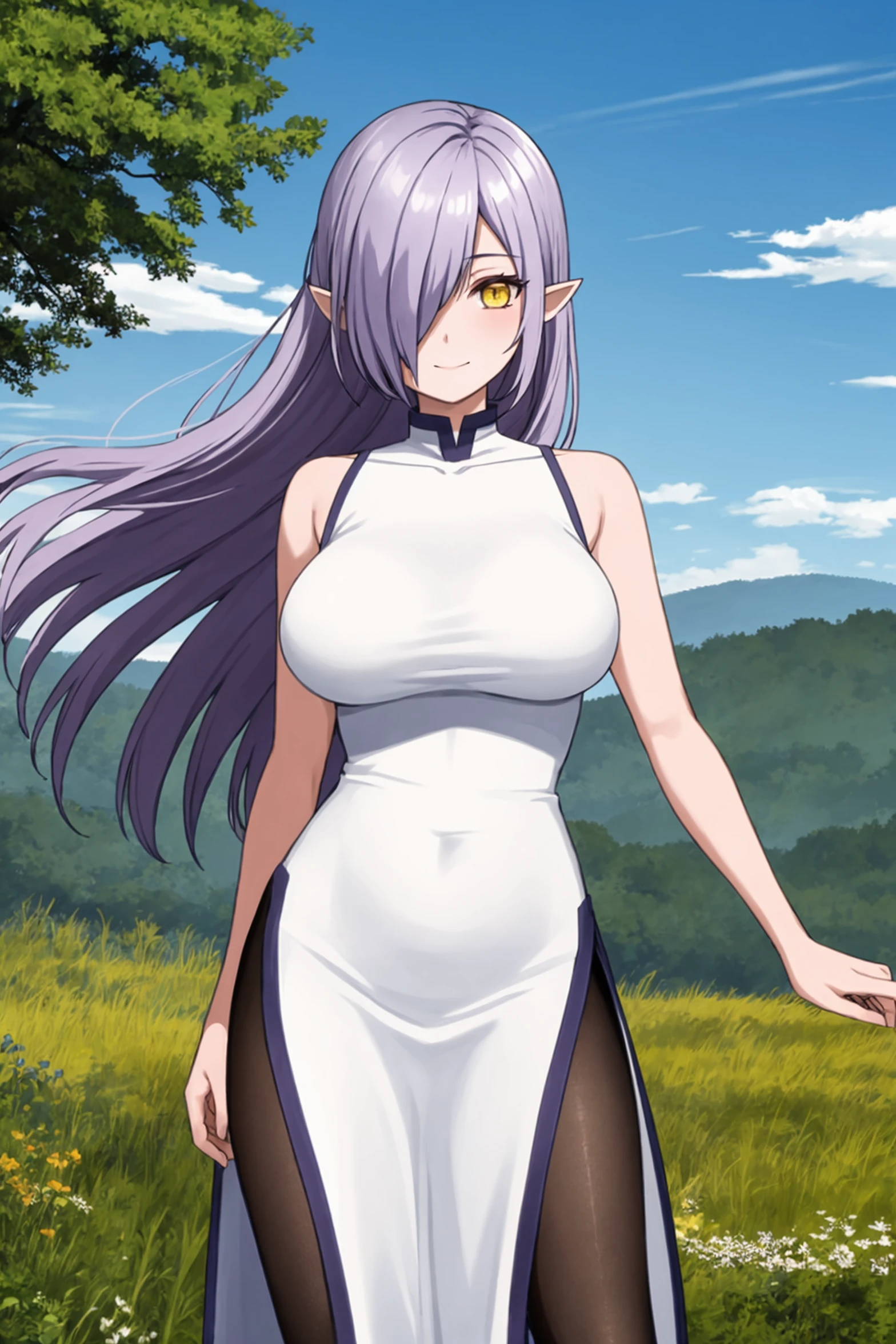 masterpiece, best quality
BREAK
kyarotto_olis, 1girl, solo, purple hair, very long hair, hair over one eye, pointy ears, yellow eyes, sleeveless dress, white dress, long dress, side slit, black pantyhose, large breasts, cowboy shot, looking at viewer, v arms, wind lift
BREAK
wind, nature, mountain, forest, blue sky
<lora:kyarotto_PeachBoyRiverside_sd1.5_v1:1>