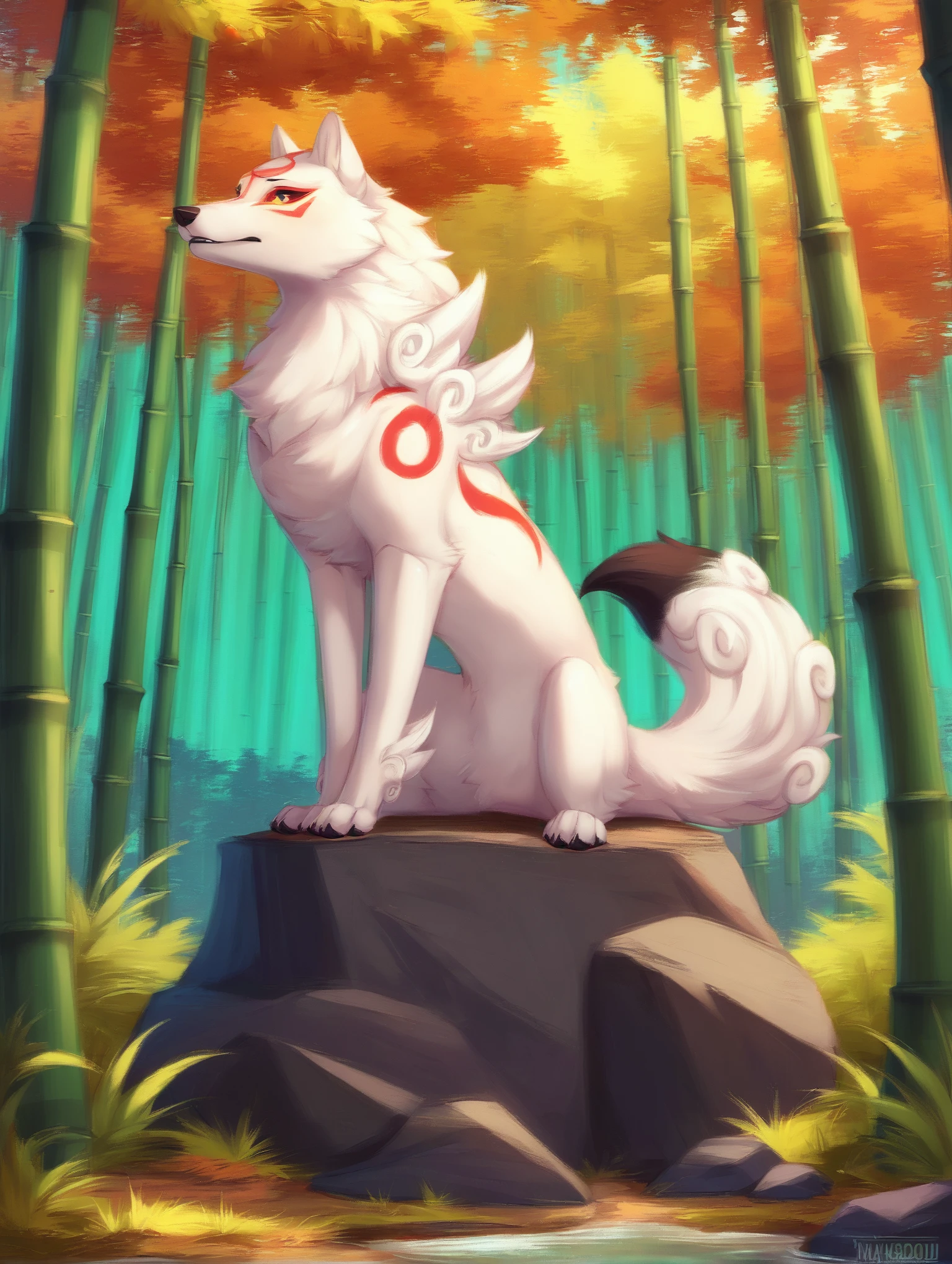 score_6_up, <lora:Amaterasu_Okami_PonyXL_prototype:1> ammyokami, forest, bamboo, (sitting on rock),  high detail, dipstick tail, feral, solo