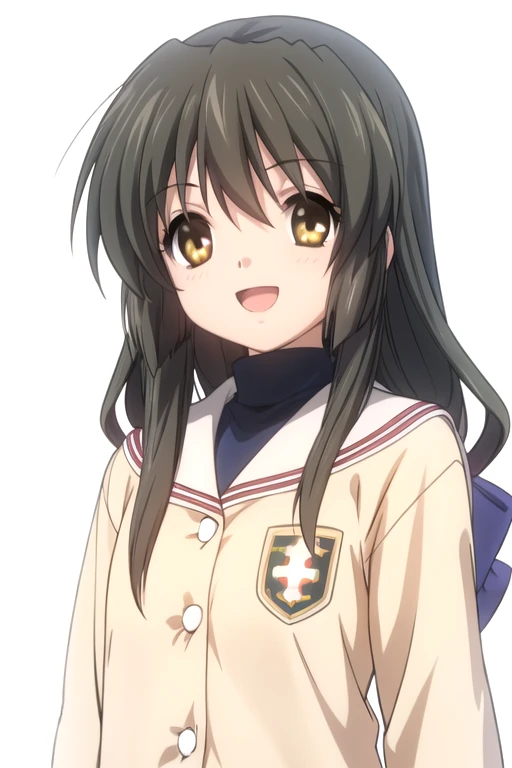 solo, 1girl, looking at viewer, 2D, anime, anime coloring, upper body, (simple background, solid white background:1.3), <lora:fuuko-clannad:0.8>, fuuko ibuki, hikarizaka private high school uniform, emblem, buttons, turtleneck, long sleeves, smile, :d, open mouth