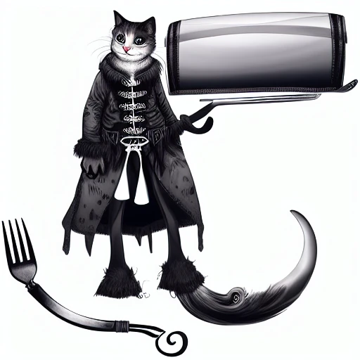 coat, cat, water, white background, monochrome, fork, hair ornament, smoking, very long hair, weapon, shield