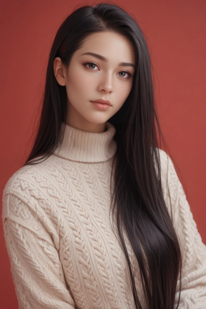 ,score_9,score_8_up,score_7_up, 20 years old, 8k, hd, beautiful girl, black hair, very long hair, straight hair, closed mouth,
1girl, detailed face, beautiful woman's face, sweater, red background, looking at viewer,