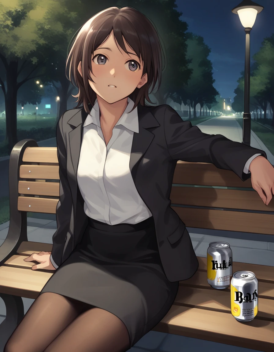 score_9,  score_8_up, score_7_up, source_anime <lora:takahashi-maya-ponyxl-000035:1> takahashi maya, skirt suit, black jacket, white shirt, pencil skirt, pantyhose,
night, park bench, beer can, looking up