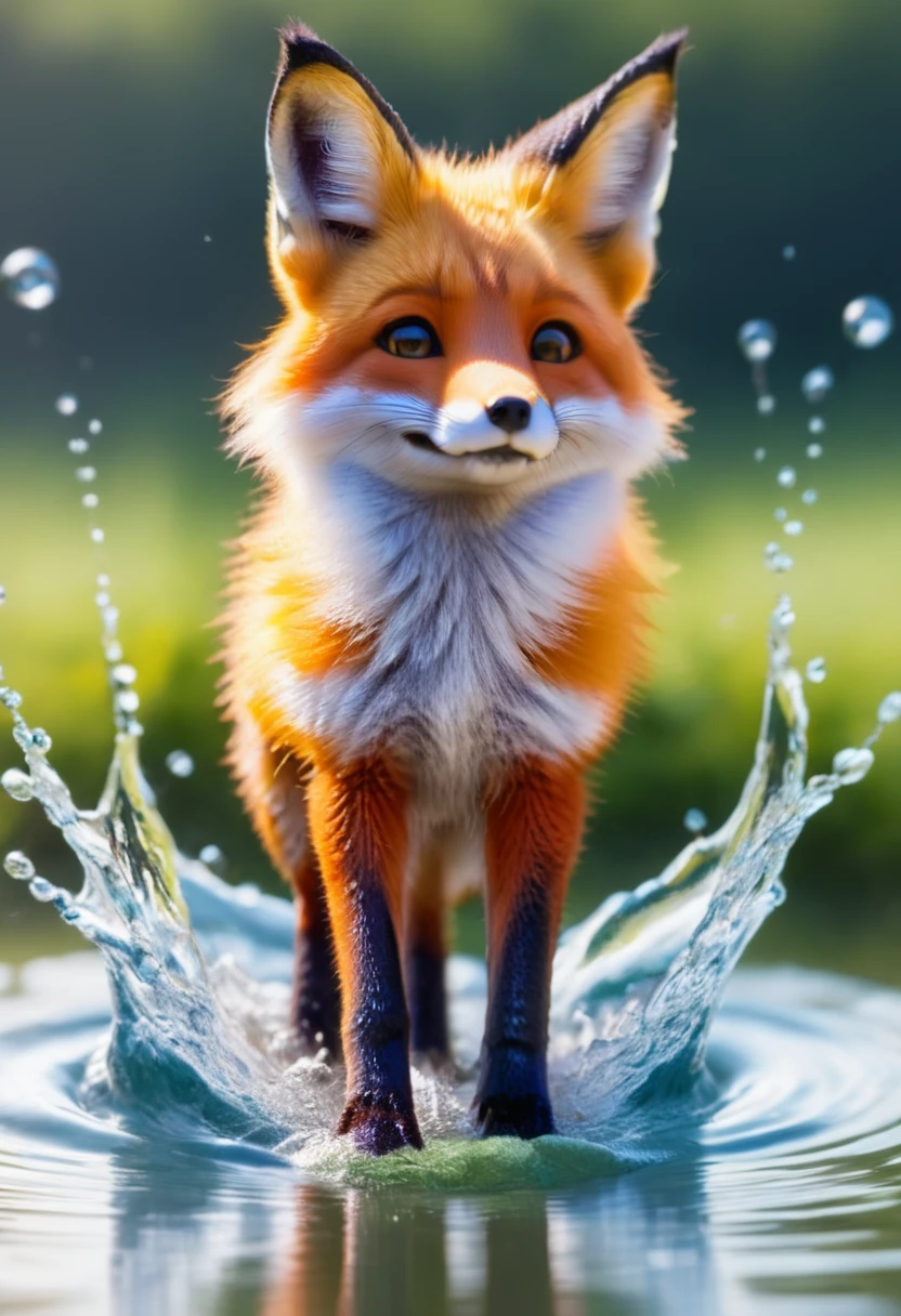 <lora:flower fox_sdxl_O8RF:0.7> The clear water splash seems to be in an environment full of water elements. The light is bright and evenly shines on the flower fox, highlighting the texture of the fox's hair and the transparency of the water splash. The fox's hair shows warm orange-red and white, with sharp contrast. , the water splash in the background is cool blue, the two form a strong color contrast, making the picture more vivid, and the picture conveys a lively and joyful mood. The flower fox's expression is cute and full of curiosity. Overall, this picture shows a lively and cute fox among the water splash through the strong contrast of colors and vivid composition. The scene gives people a fresh and energetic feeling.