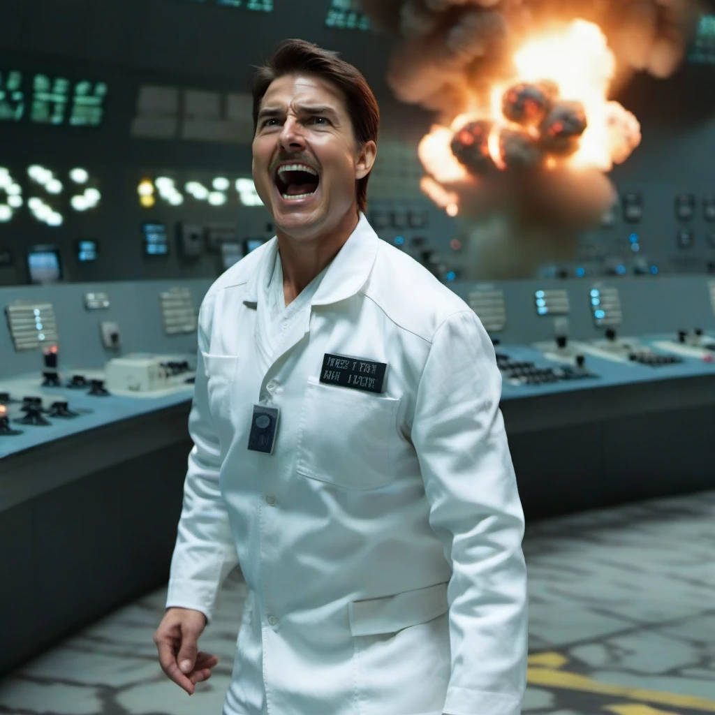 cinematic photo a full body tom cruise with a moustache, screams, panic,  in a white uniform, fire, explosions, in a nuclear powerplant control room <lora:Technician1024:0.8> . 35mm photograph, film, bokeh, professional, 4k, highly detailed