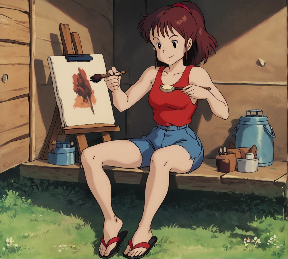 Ursula, black eyes, zPDXL, best quality, amazing quality, score 9, 1girl, red shirt, tank top, cabin, outdoors, art supplies, sitting, full body, blue shorts, sandals, smiling, holding paint brush, retro artstyle, canvas, painting, <lora:Ursula:0.8>
