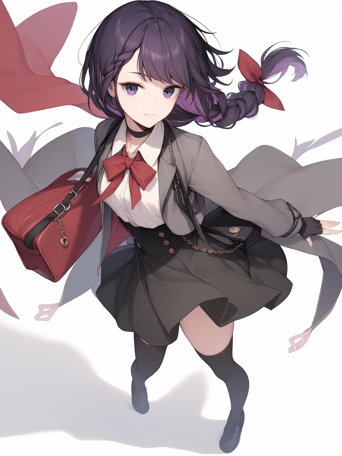 (score_9,score_8_up,score_7_up,),1girl,miki zf,fingerless gloves,thighhighs,black hair,purple eyes,simple background,white background,red bow,shirt,shoes,black choker,looking at viewer,long hair,braid,jacket,high-waist skirt,hair ribbon,arms at sides,purple hair,shoulder bag,colored inner hair,loafers,<lora:MIK1zf:0.9>,wind,reaching,
