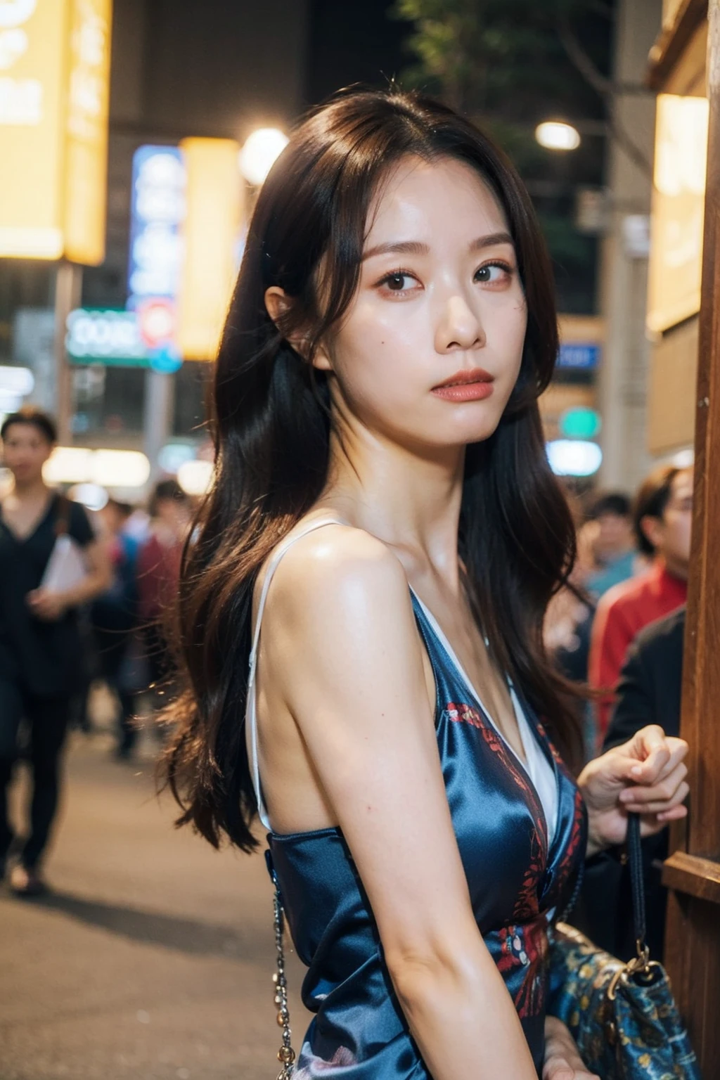 Best quality, masterpiece, ultra high res, (photorealistic), raw photo,1girl, skinny, upper body,solo, realistic, looking at viewer, long hair, bokeh background, city streets,brown eyes, bohemian dress, <lora:makina69_stephytang_v1.1:1>