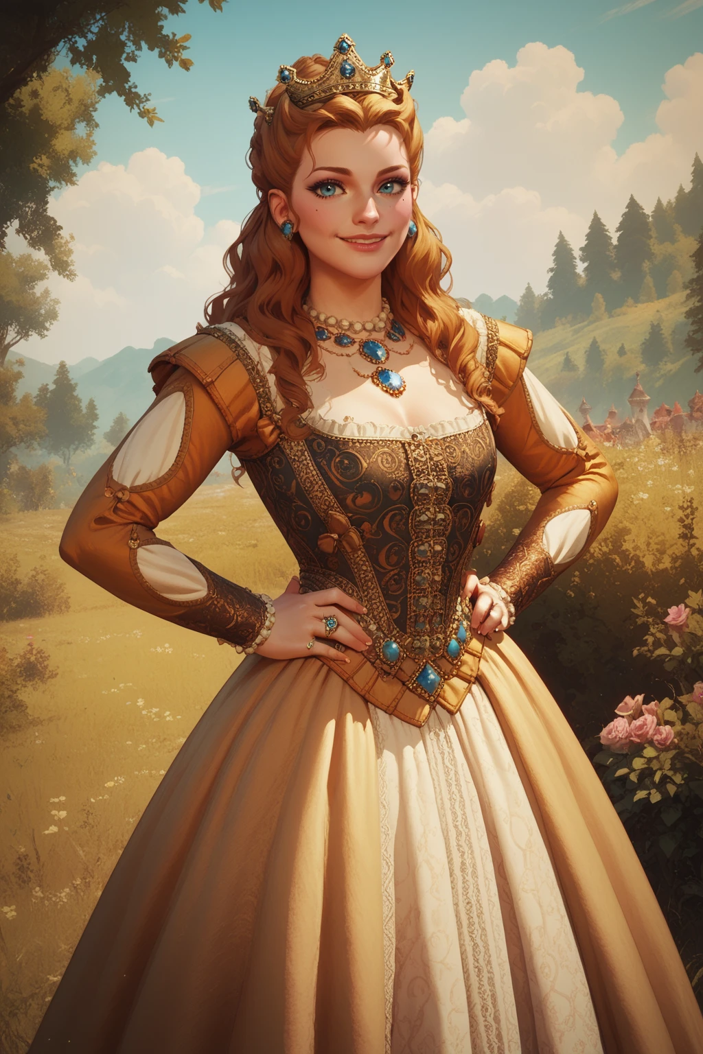 score_9, score_8_up, score_7_up, masterpiece, high quality
<lora:Anna HenriettaPonyLoRA:0.8>anhnritta, long hair, wavy hair, crown, mole under eye, earrings, dress, necklace, gem, ring, hands on hips, smile