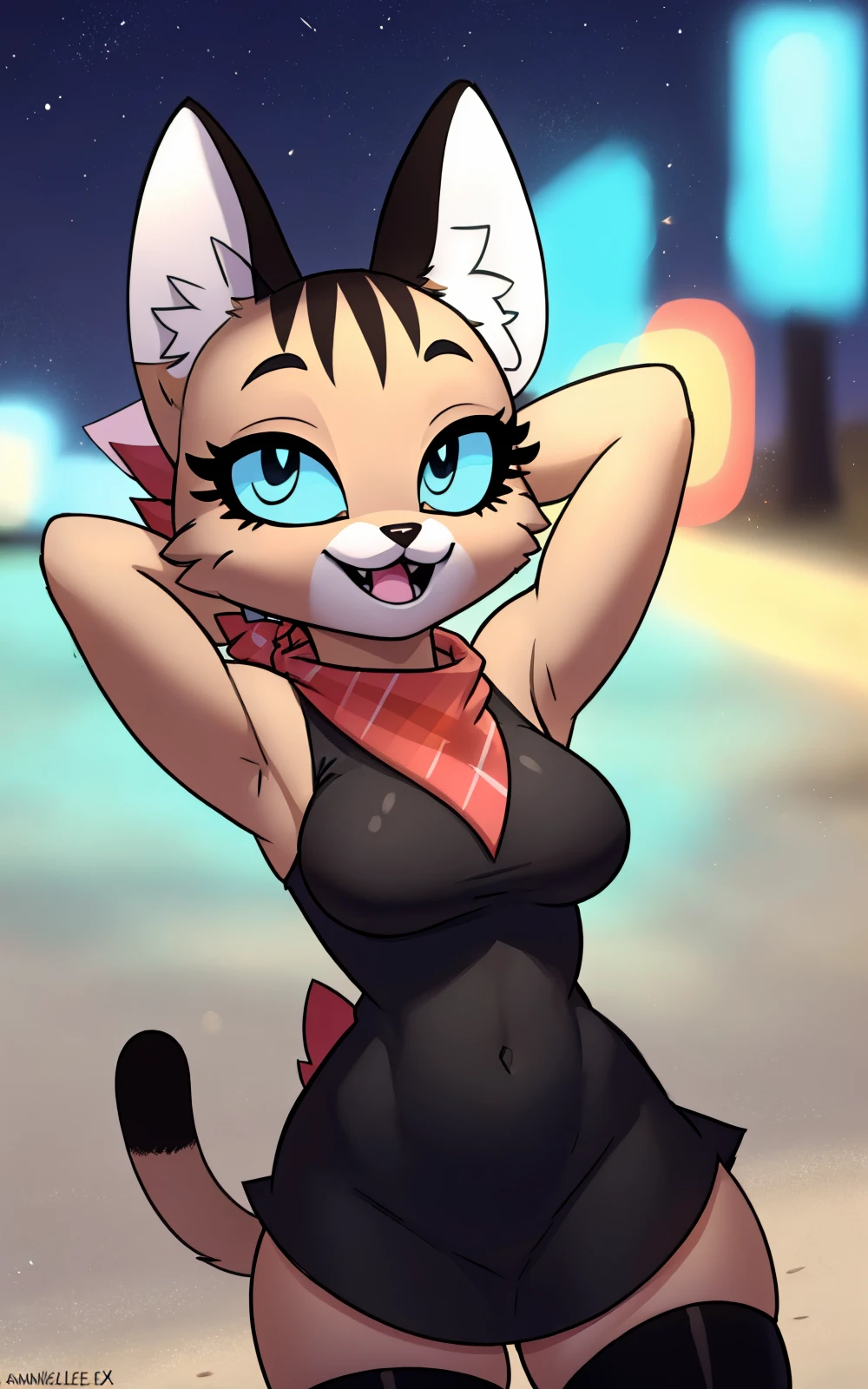 8k,4k,((Best quality, masterpiece, ultra high resolution)),  <lora:PixieP&B:0.8>,PixieP&B,furry female,  animal ears, furry, tail, cat ears,cat girl, body fur,animal nose,bandana, red bandana,neck bandana,blue eyes,sleeveless, anthro, beach, arms up, hands behind head,black dress, black thighhighs,smile, city, neon lights,half-closed eyes