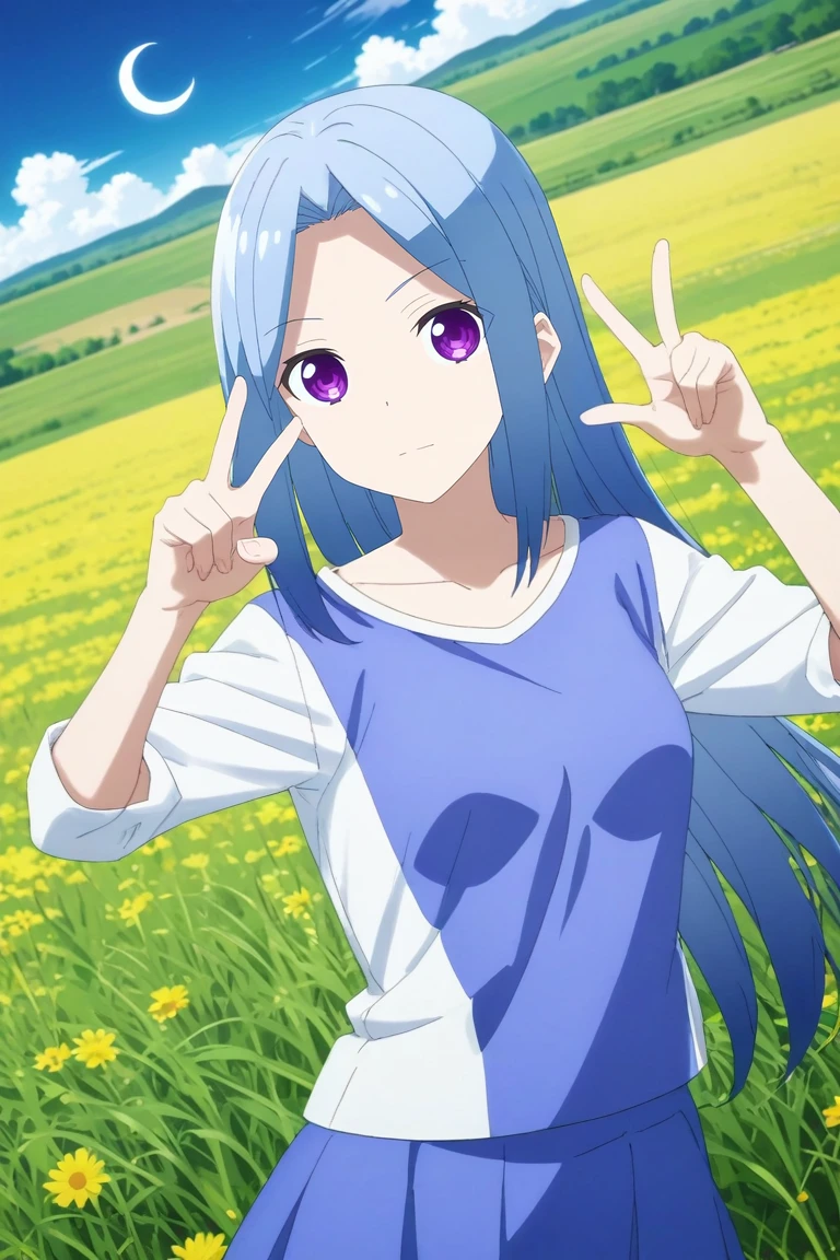 score_9, score_8_up, score_7_up, source_anime, rating_safe, intricate details, semi-realistic, looking at viewer, , 1girl, solo, <lora:aya_arisugawa_pony:1>, aya_arisugawa, blue hair, purple eyes, long hair, bangs, parted bangs, wide angle, wide shot, cowboy shot, field, night, crescent moon, victory pose, :o, , <lora:sdxl_lightning_8step_lora:1>