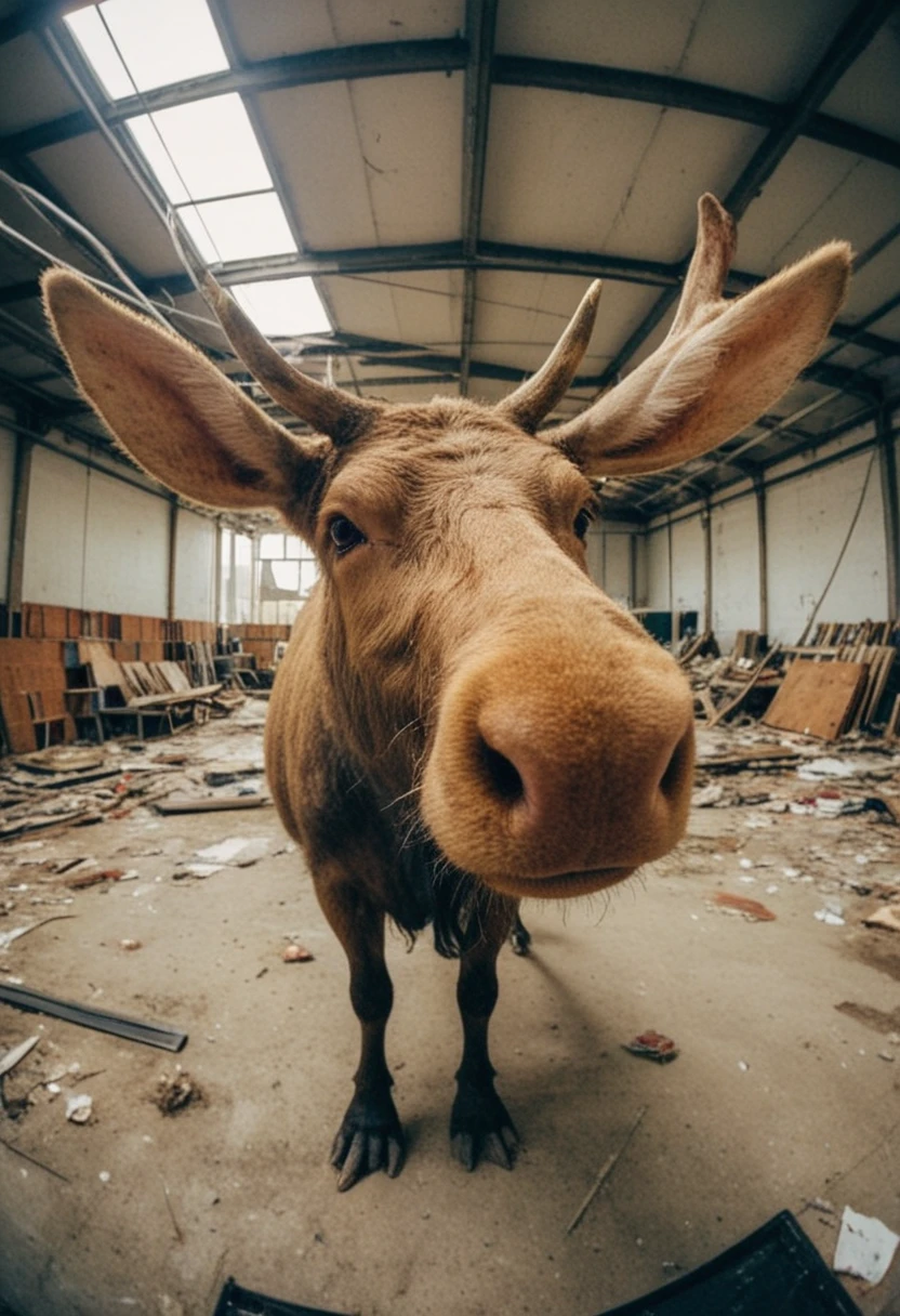 a moose takes a selfie in abandoned warehouse, in the style of fisheye effects, funny mood, strong facial expression, wimmelbilder, tilt shift, intricate details, 8k.