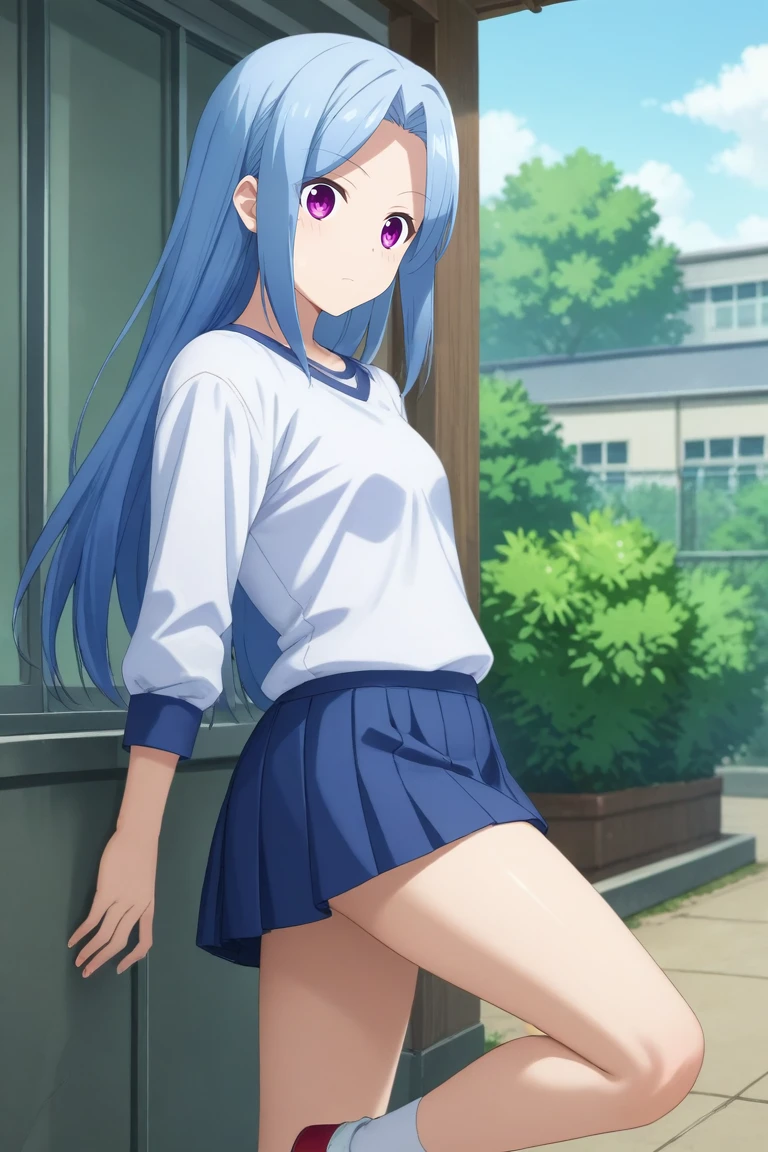 score_9, score_8_up, score_7_up, source_anime, rating_safe, , semi-realistic, , , 1girl, solo, <lora:aya_arisugawa_pony:0.98>, aya_arisugawa, blue hair, purple eyes, long hair, bangs, parted bangs, straight-on, school, day, sunny, standing on one leg, speaking, talking, , <lora:sdxl_lightning_8step_lora:1>