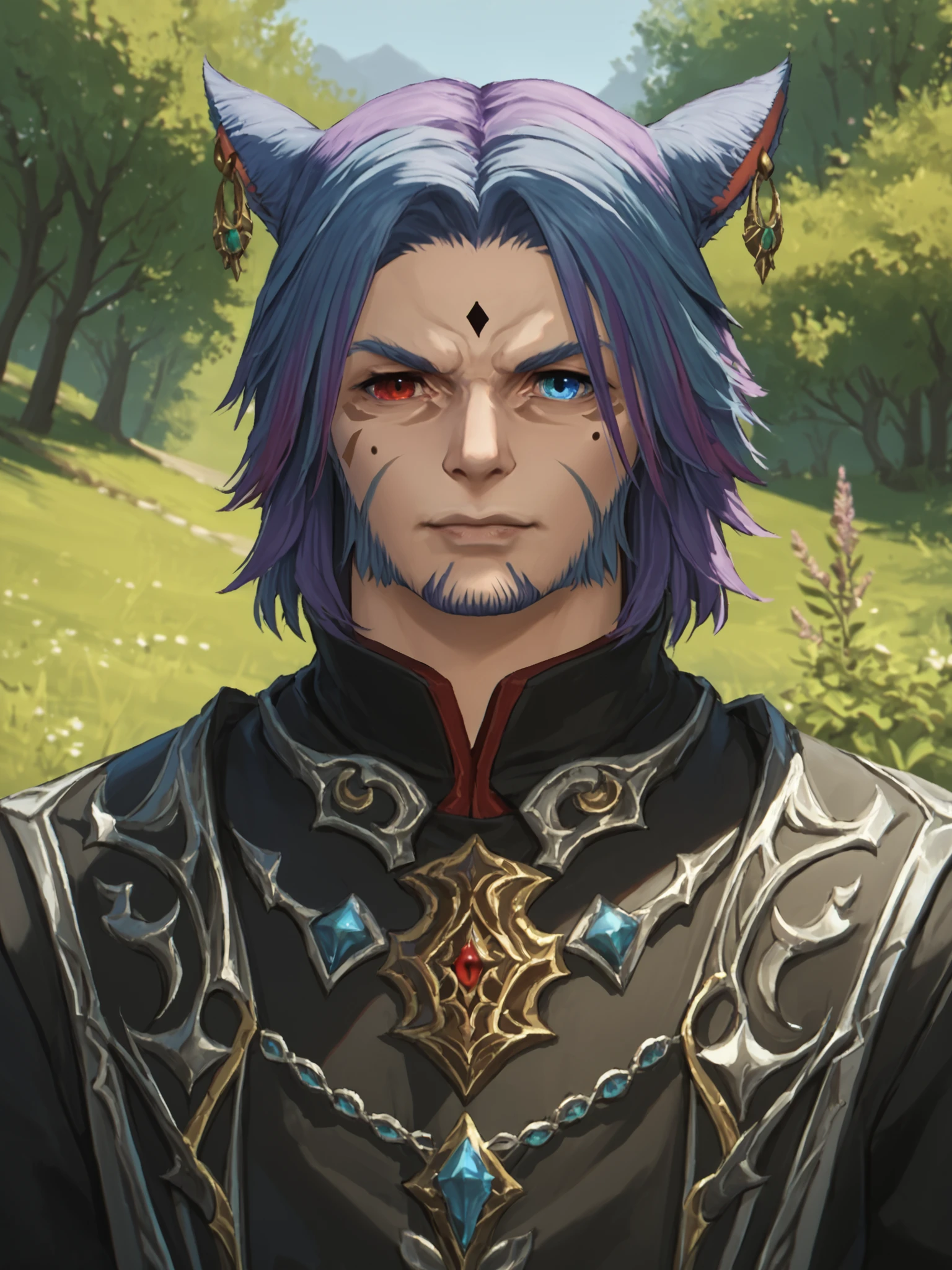 Khit'li L'ocar, heterochromia, red eyes , blue eyes, facial hair, stubble, beard, multicolored hair, blue hair, purple hair, closed mouth, miqote, earrings, jewelry, looking at viewer, outdoors,  BREAK PonyXLV6_Scores , <lora:KhitliMoonKeeperPonyXL:0.8>