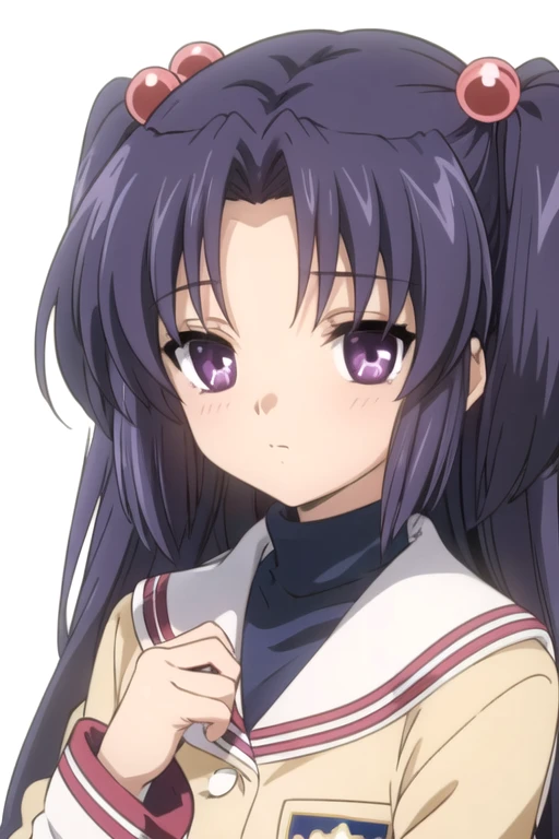 solo, 1girl, looking at viewer, 2D, anime, anime coloring, upper body, (simple background, solid white background:1.3), <lora:kotomi-clannad:0.8>, kotomi ichinose, hikarizaka private high school uniform, emblem, buttons, turtleneck, long sleeves, closed mouth