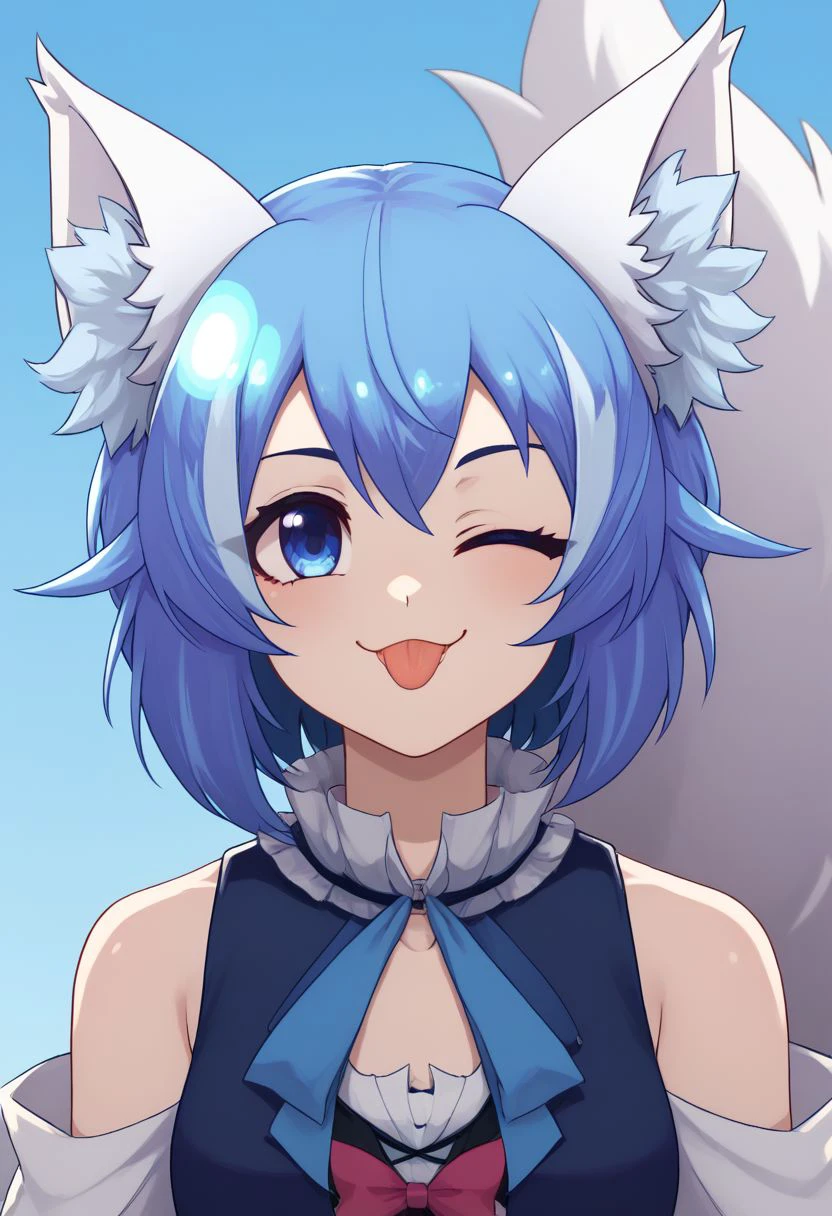 score_9, score_8_up, score_7_up,1girl,solo female, epic photograpy, extremely detailed, high quality, absurd res, high res
wolfychu, animal ears, blue eyes, blue hair, virtual youtuber, tail, animal ear fluff, wolf ears, wolf tail, short hair
winking, one eye closed, leaning, looking at viewer, leaned, tongue out, playful smile, cute, beautiful, blurry background, lught blue background