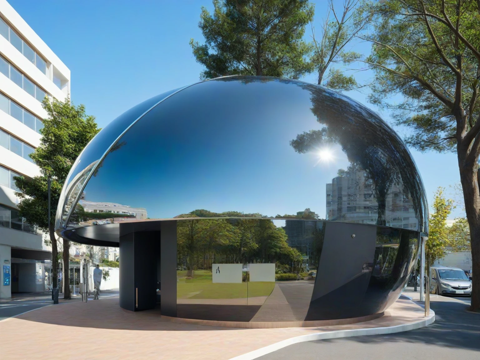<lora:JJsPublicToilet_XL:1>, masterpiece , best quality, ((Public Toilet)), outdoors, sky, day, tree, blue sky, ground vehicle, building, scenery, motor vehicle, walking, city, car, road, lamppost, street, real world location,  highly detailed, curvy, wood, glass, canopy,