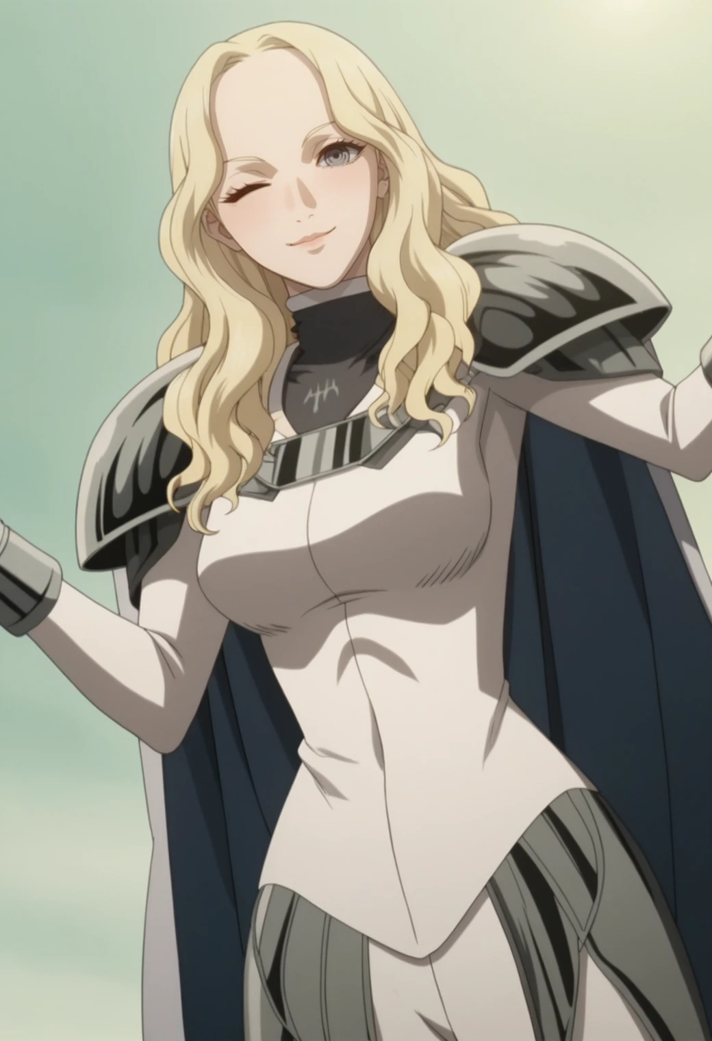 score_9, score_8_up, score_7_up,, BREAK 1girl, teresa,,<lora:teresa:0.8> grey eyes, , wavy hair, anime screencap, dynamic pose, pauldrons, cape, bodysuit, dutch angle, v, one eye closed,