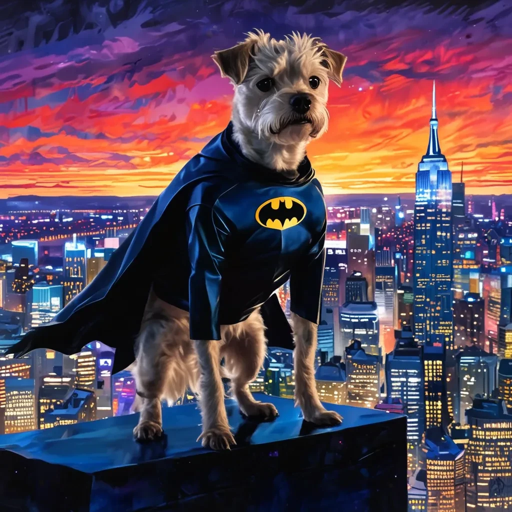 painting of a superhero Border Terrier wearing a batman suit, standing atop a skyscraper at dusk, side view, city skyline illuminated with neon lights in the background, dynamic brushwork conveying movement and power, bold and dramatic colors, intense expression of determination and heroism, reminiscent of comic book art, by Alex Ross <lora:Border_Terrier_Dog:1>