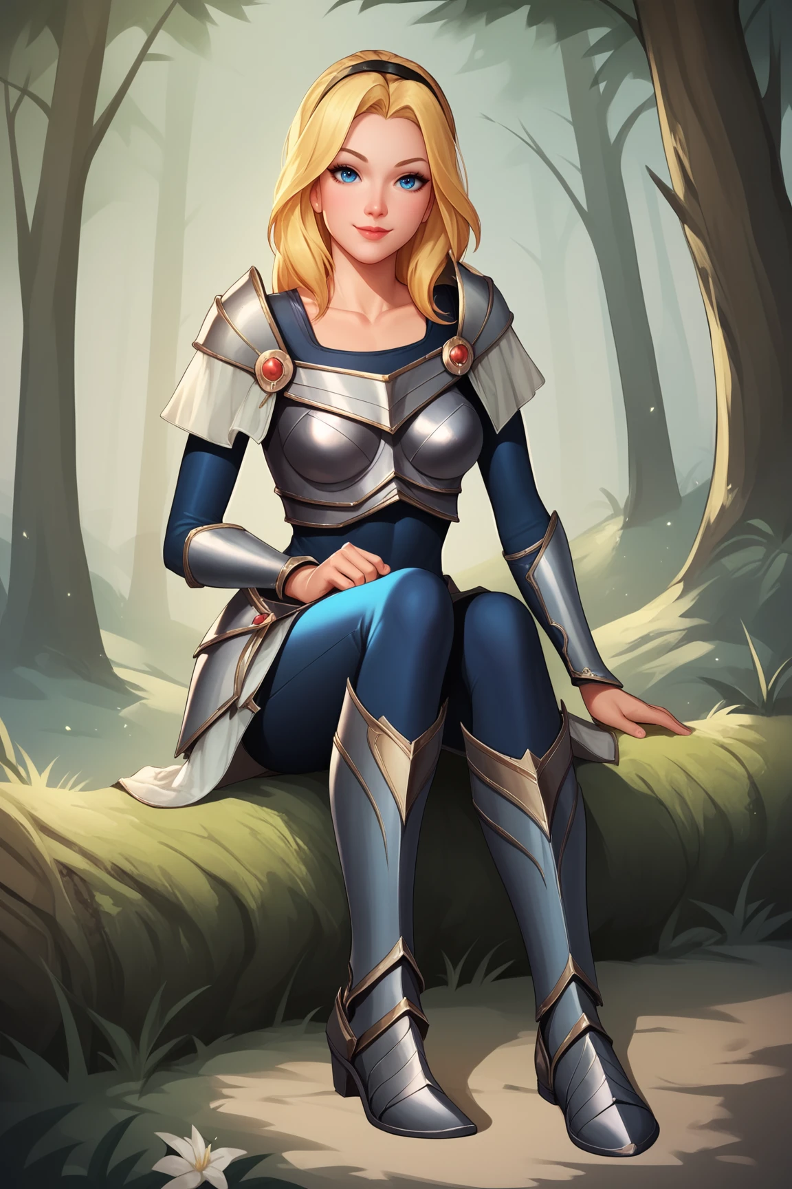 score_9, score_8_up, score_7_up, score_6_up, score_5_up, score_4_up, LuxLoLXL, blue eyes, blonde hair, long hair, black hairband, medium breasts, collarbone, shoulder armor, armor, blue bodysuit, breastplate, long sleeves, faulds, skirt, blue pants, armored boots, full body, sitting, seductive smile, looking at viewer, forest, tree <lora:LuxLoLXL:0.8>