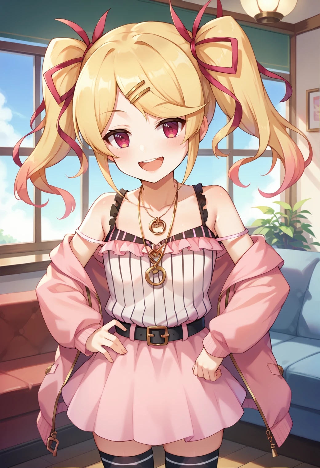 score_9, score_8_up, score_7_up, score_6_up, score_5_up, score_4_up, source_anime,
(masterpiece, best quality), fcDetailPortrait, solo, indoors, 1girl, misakirlbase, twintails, blonde hair, swept bangs, hairclip, hair ribbon,
long sleeves, open jacket, pink jacket, off shoulder, necklace, bare shoulders, vertical stripes, camisole, striped shirt, pink skirt, frills, black thighhighs,
looking at viewer, smile, open mouth,
<lora:_misaki_priconne-elesico-15:1>