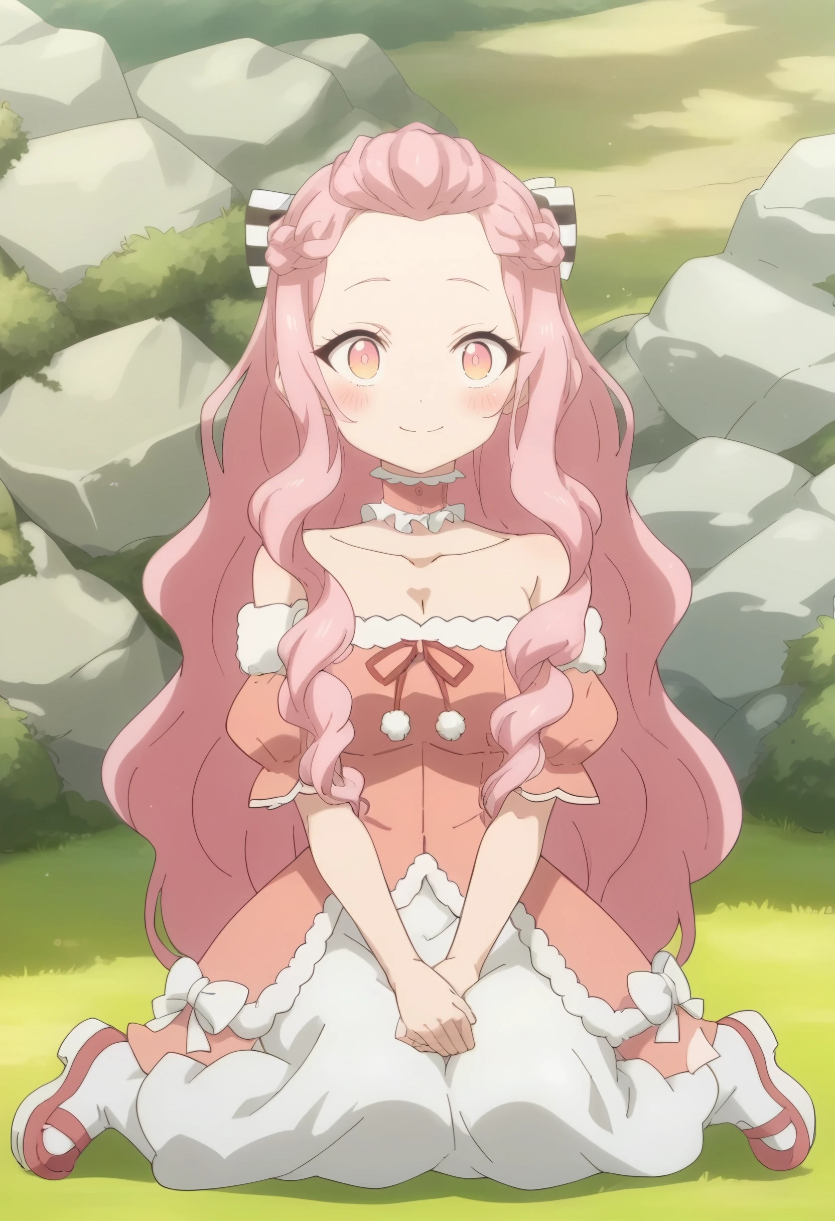<lora:Alieze de Saloum:1> alieze de saloum, long hair, pink hair, braid, 1girl, solo, pink eyes, blush , bare shoulders, choker, hair bow, looking at viewer, smile, pink dress, (full body:0.8), score_9, score_8_up, score_7_up, , anime coloring ,BREAK source_anime, anime