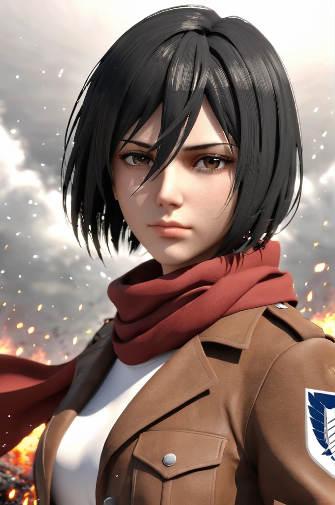 1girl, solo, looking at viewer, short hair, bangs, shirt, black hair, hair between eyes, brown eyes, closed mouth, jacket, white shirt, upper body, artist name, scarf, open jacket, lips, wind, portrait, red scarf, brown jacket, nose, emblem, paradis military uniform, embers, survey corps (emblem), mikasa ackerman, 3D, sparkle