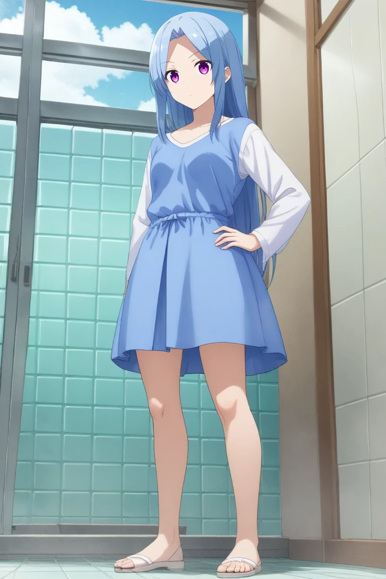 score_9, score_8_up, score_7_up, source_anime, rating_safe, , , looking at viewer, , 1girl, solo, <lora:aya_arisugawa_pony:0.86>, aya_arisugawa, blue hair, purple eyes, long hair, bangs, parted bangs, wide angle, wide shot, full body, bathroom, day, clouds, hand on hip, expressionless, , <lora:sdxl_lightning_8step_lora:1>