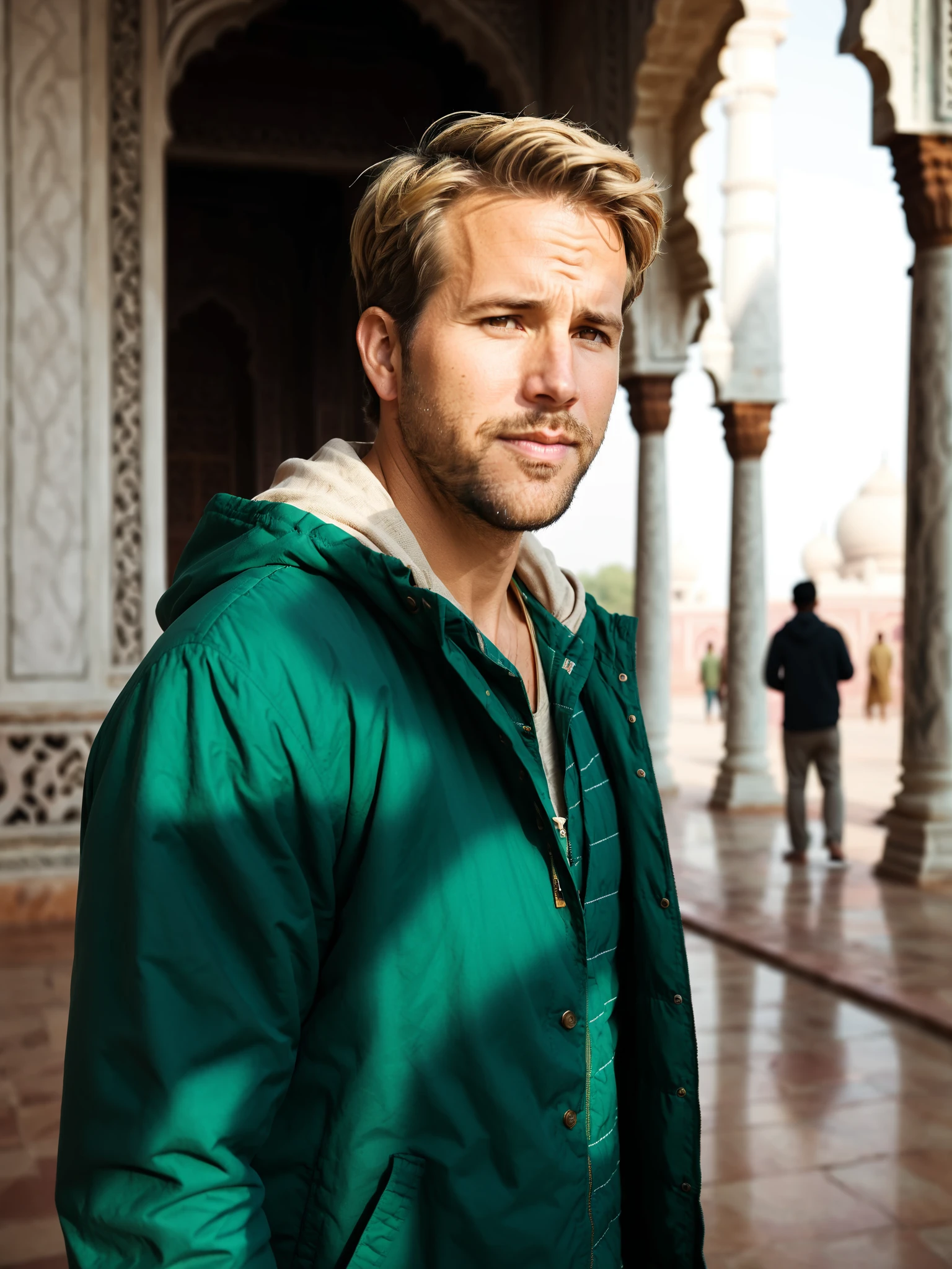 1boy, male focus, mcudpstyle, Ryan Reynolds, brown eyes, beard, blonde hair, facial hair, green jacket, hood, male focus, outdoors, shirt, solo, standing outside the taj mahal, natural lighting, soft dof, cinematic scene, hyperrealistic , <lora:MCU-DeadpoolMovieStyle:0.8>