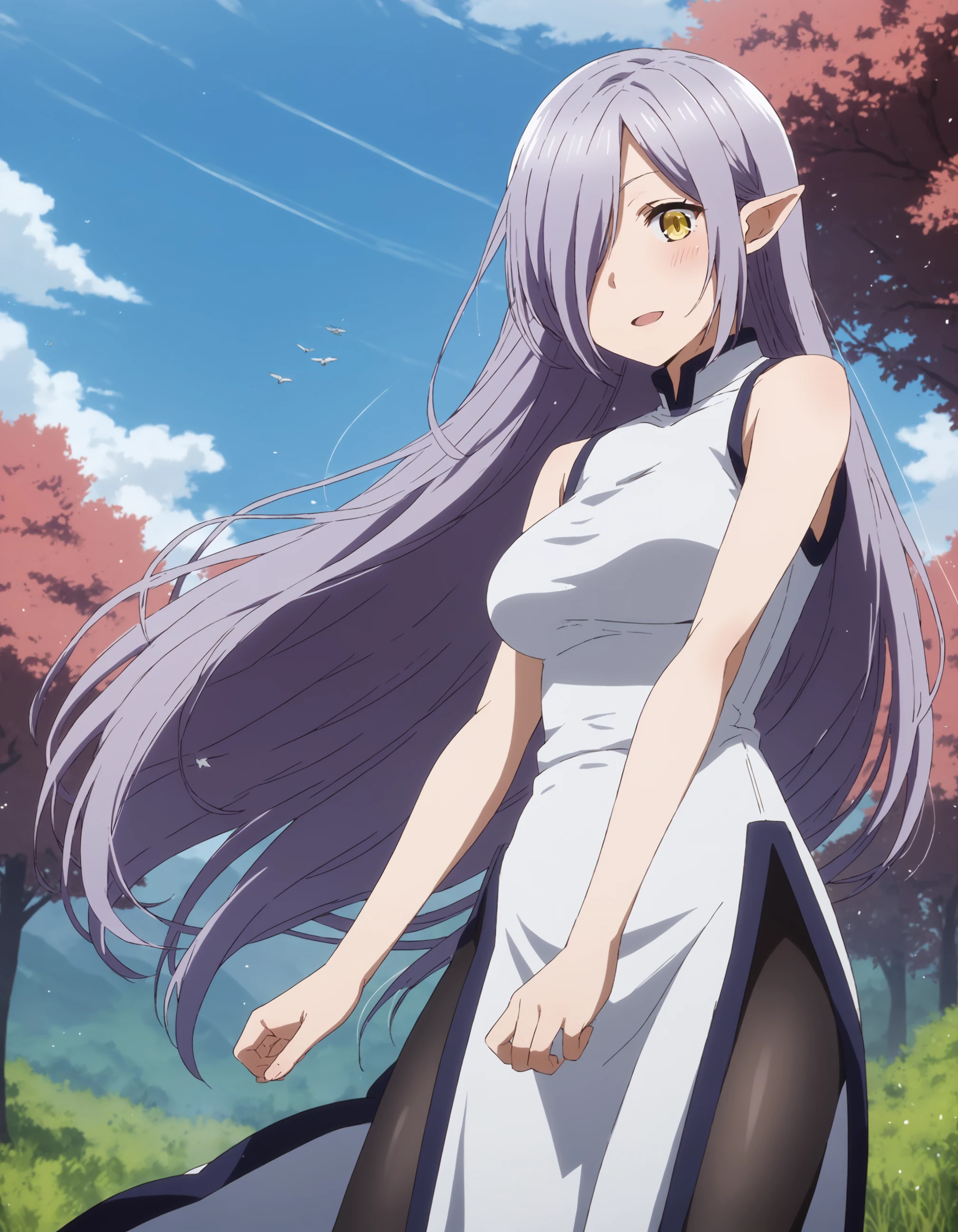 score_9, score_8_up, score_7_up, score_6_up, score_5_up, score_4_up, source_anime, anime coloring
BREAK
kyarotto_olis, 1girl, solo, purple hair, very long hair, hair over one eye, pointy ears, yellow eyes, sleeveless dress, white dress, long dress, side slit, black pantyhose, looking at viewer, wind lift
BREAK
wind, nature, mountain, forest, blue sky
<lora:kyarotto_PeachBoyRiverside_ponyxl_v1:1>