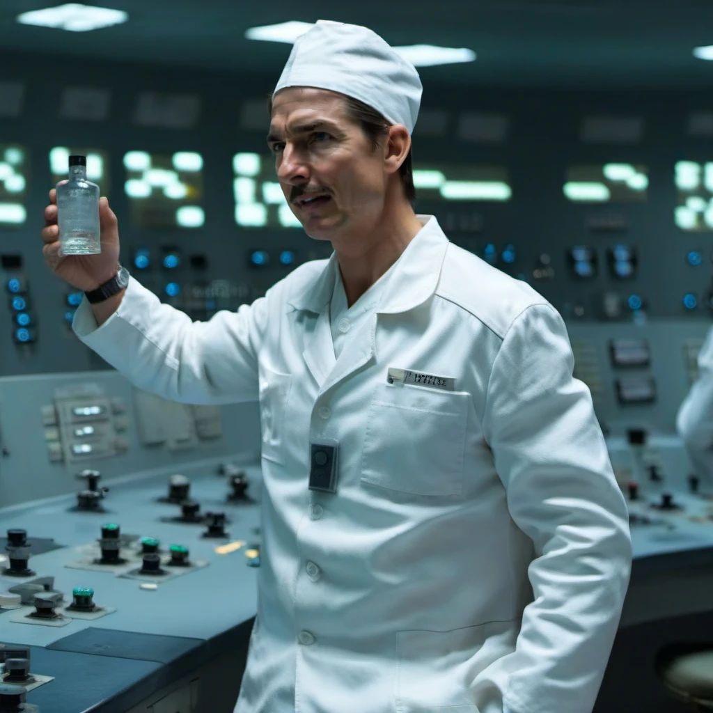 cinematic photo a tom cruise with a moustache in a white uniform holds vodka bottle in a nuclear powerplant control room <lora:Technician1024:0.8> . 35mm photograph, film, bokeh, professional, 4k, highly detailed