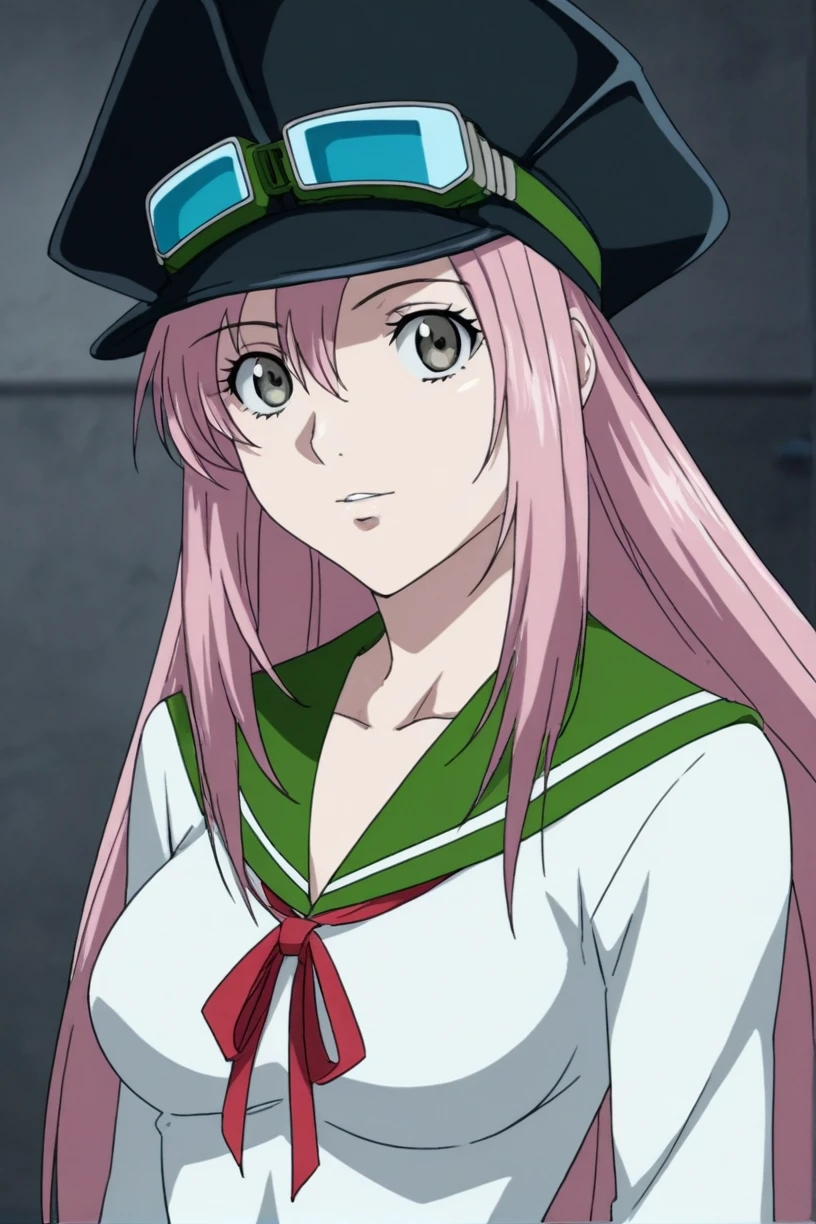best quality,masterpiece,looking at viewer,absurdres,1girl,depth of field,score_9,score_8_up,score_7_up,source_anime BREAK <lora:011-é£è½®å°å¹´-å¸å§å¡XLV3:0.8>,simca,grey eyes,pink hair,long hair,hat,school uniform,goggles,sailor dress,goggles on headwear,gloves,fingerless gloves,breasts,