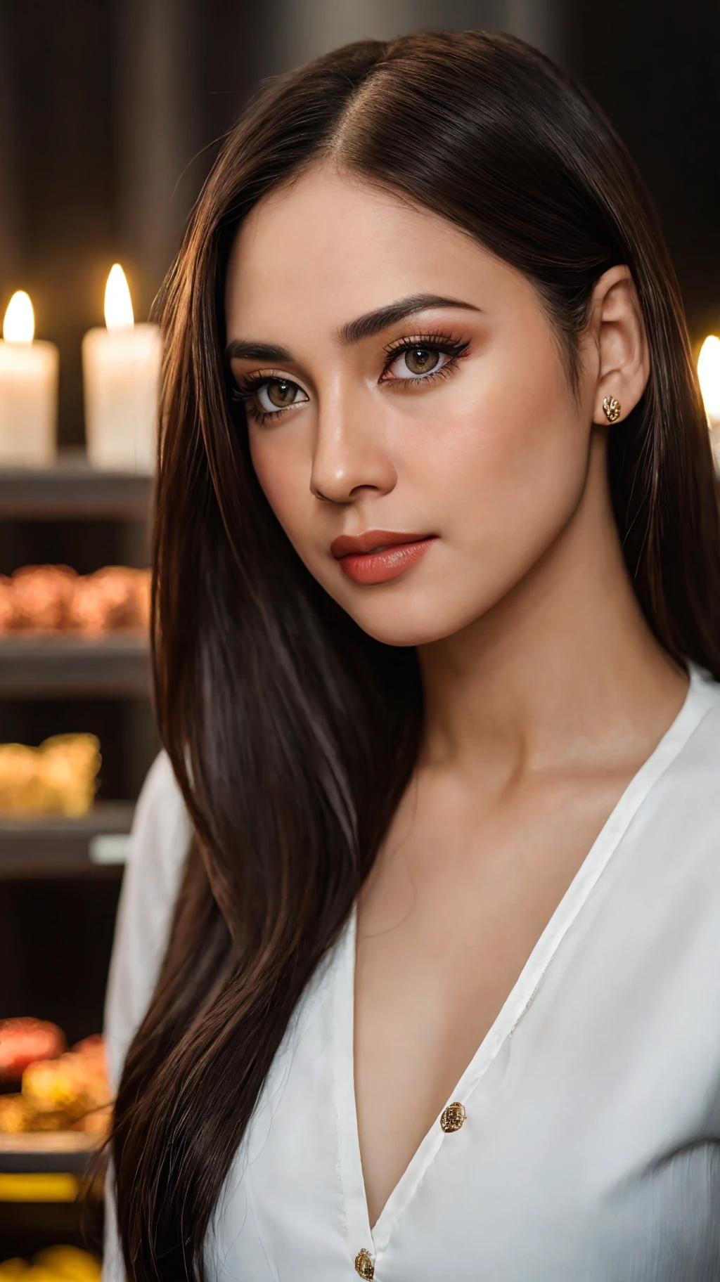 a cinematic bust portrait of a beautiful woman from left head and chest only,Side Part Comb-Over Hairstyle With High Fade,Jet black,looking afar,In the Confectionery Realm of Infinite Sweet Delights,style by Paul Thomas Anderson,bokeh professional 4k highly detailed,Nikon d3300,Candle light