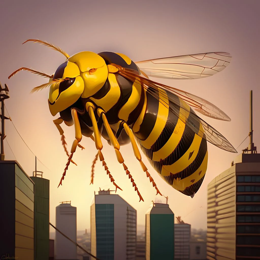 score 9 up, score 8 up, score 7 up, 2.5d, 
Was, insect, Giant wasp flying over a burning japanese city in