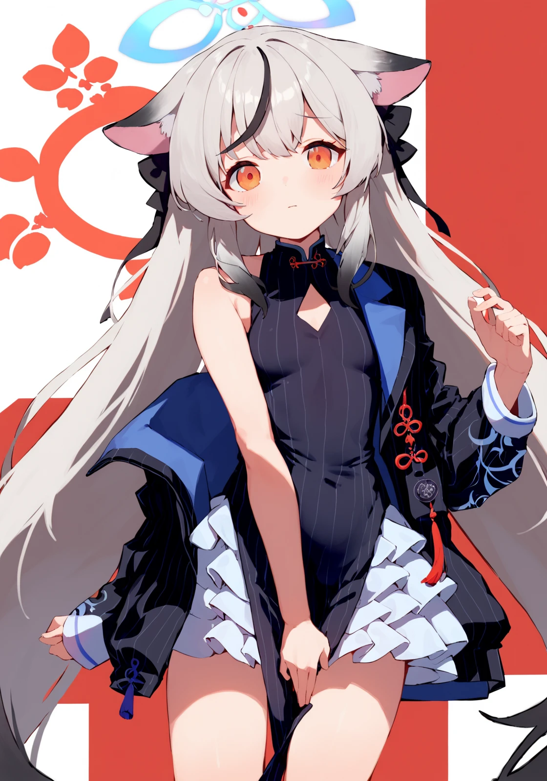 score_9,score_8_up,score_7_up,1girl BREAK
<lora:kokona>,kokonadef,black hair,grey hair,halo,multicolored hair,very long hair,animal ears,brown eyes,orange eyes,black jacket,sleeveless,off shoulder,black dress,chinese clothes,vertical stripes,striped dress,vertical-striped dress,looking at viewer,shy,