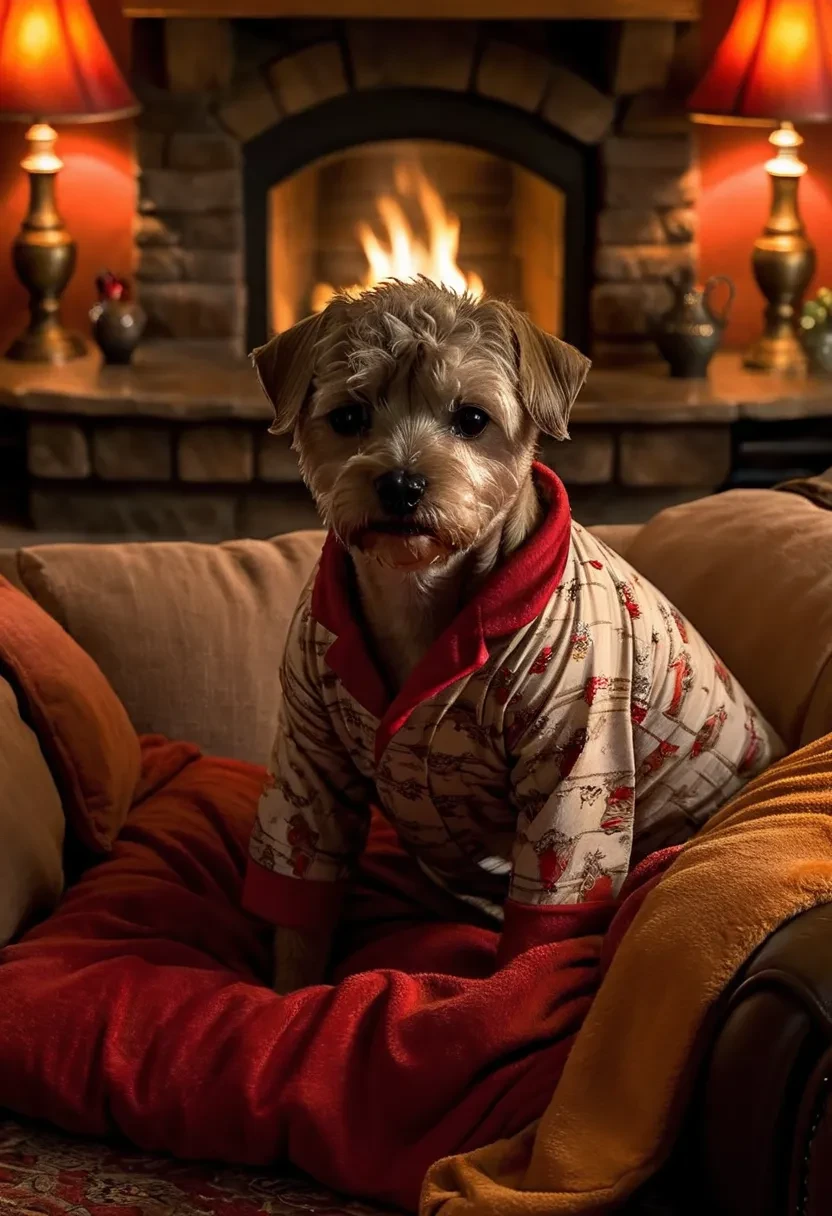 painting of a Border Terrier dog wearing pajama pants, lounging in a cozy living room beside a crackling fireplace, warm and inviting atmosphere, muted earthy tones with pops of rich red and gold, intricate brush strokes capturing the texture of the dog's fur and the cozy furnishings, nostalgic and comforting mood, art by Thomas Kinkade <lora:Border_Terrier_Dog:1>