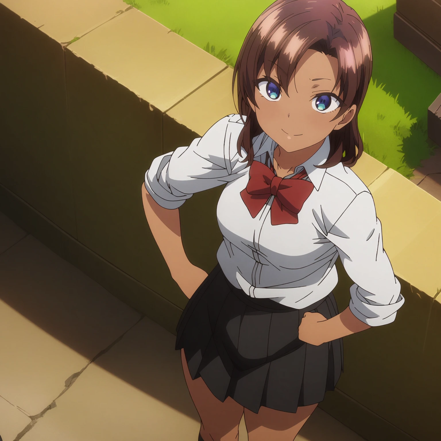 <lora:SaeHinataXL001>,<lora:bold-16oa:-0.5>,
masterpiece,best quality,ultra-detailed:1.5,8K,best illustration,very aesthetic,absurdres,anime screencap,official art,
looking at viewer,smile,
solo,
SaeHinata,1girl,brown hair,medium hair,blue eyes,dark-skinned female,
white shirt,red bowtie,sleeves rolled up,
pleated_skirt,black skirt,
black socks,
outdoors,
full body,standing,