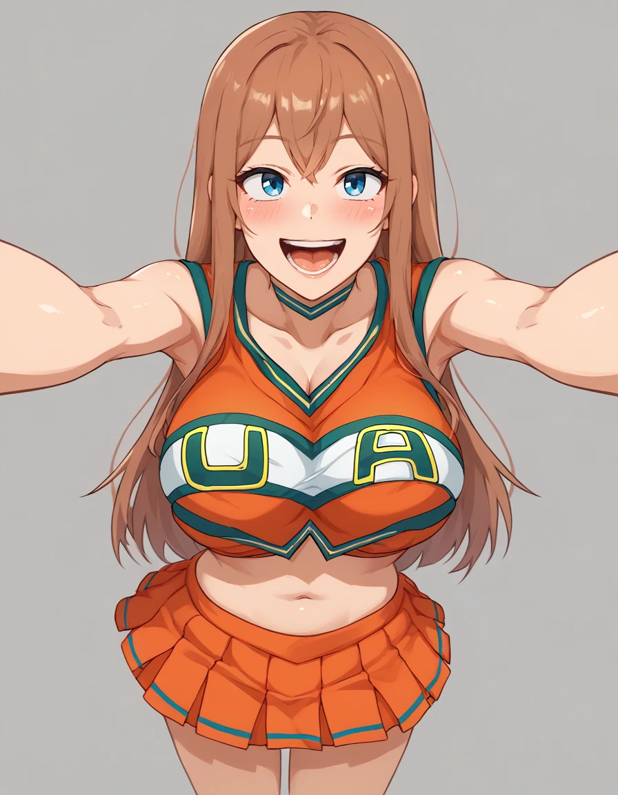 score_9, score_7_up, BREAK ,rating_explicit,
uacheerlead, 1girl, breasts, long hair, blue eyes, cheerleader, solo, navel, large breasts, smile, open mouth, midriff, crop top, looking at viewer, choker, blush, shirt, orange skirt, character name, :d, teeth, pleated skirt, orange shirt <lora:u.a._cheerleader_outfit XL CAME 2:1>