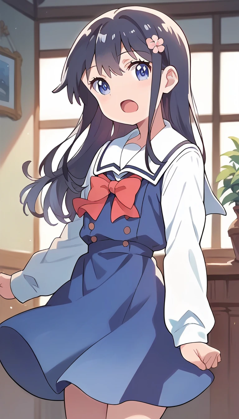 score_9, score_8_up, score_7_up, source_anime, masterpiece, 1girl, hana, blue dress, white sailor collar, red bowtie, white long sleeves, cowboy shot, looking at viewer, indoors, open mouth, <lora:HanaShirosakiPONYXLv2:0.8>, shiny hair