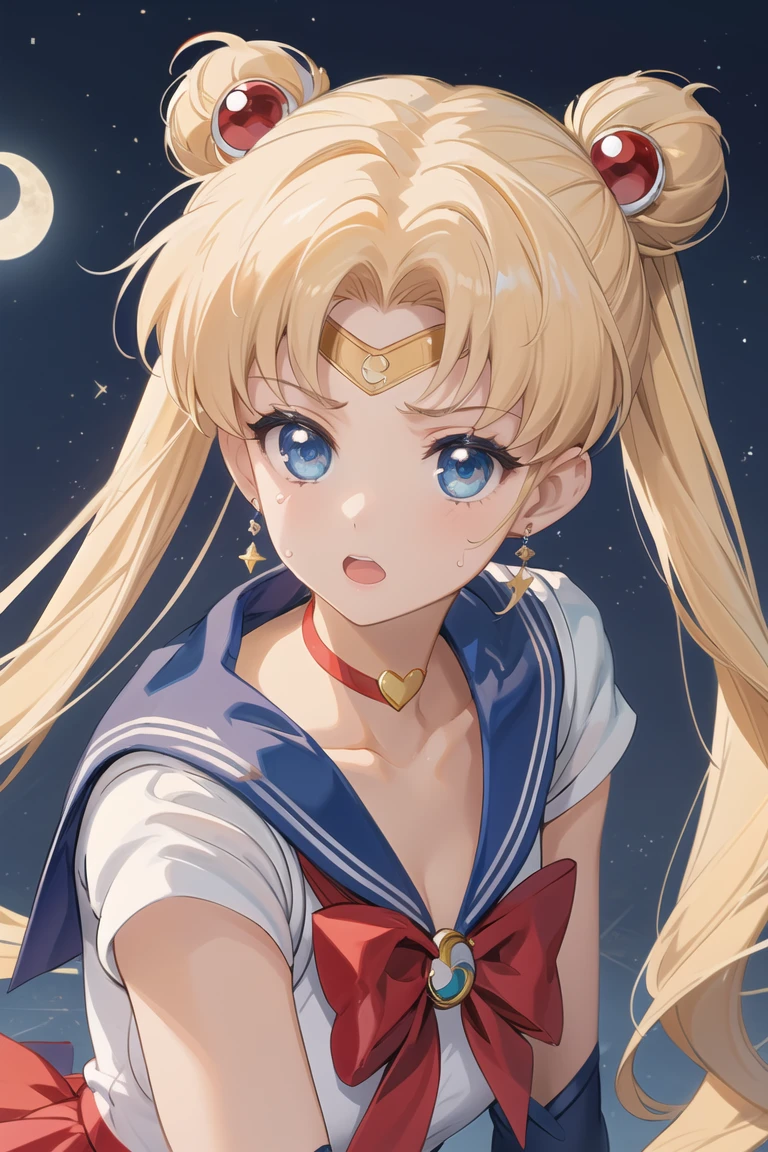 (masterpiece),best quality,anime screencap,anime coloring,anime style,katou megumi,1girl,solo,tsukino usagi,blonde hair,sailor moon,sailor senshi uniform,blue eyes,blue sailor collar,sailor collar,earrings,long hair,crescent earrings,twintails,jewelry,crescent,gloves,choker,double bun,white gloves,moon,hair bun,v,upper body,red choker,collarbone,red bow,looking at viewer,open mouth,bow,magical girl,hair ornament,:o,elbow gloves,circlet,crescent moon,bangs,short sleeves,bowtie,white shirt,