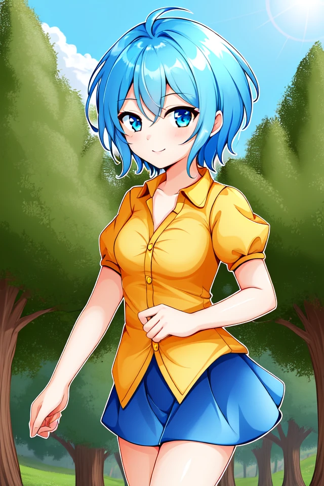 1 girl, outdoors, forest, flowers,
 <lora:Illusion_of_Gaia_-_Lilly:0.7> gaialilly, short hair, pixie cut, messy hair, light blue hair, blue eyes,
yellow blouse, juliet sleeves, short sleeves, blue shorts, shorts under skirt,