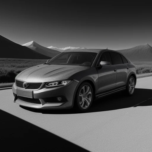 motor vehicle, shadow, monochrome, mountain, people, lights, greyscale, non-humanoid robot