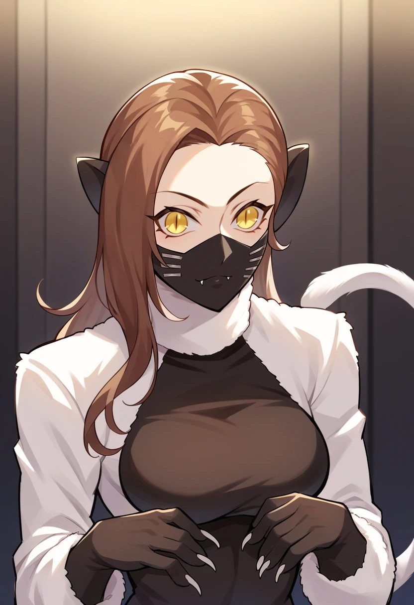 score_9, score_8_up, score_7_up, source_anime BREAK 1girl, solo,
<lora:zs_NekomataXL:1> nekomatasmt, brown hair, long hair, yellow eyes, slit eyes, cat tail, animal ears, claws, face mask, bodysuit, bolero,
cowboy shot, night club, indoors, dark,