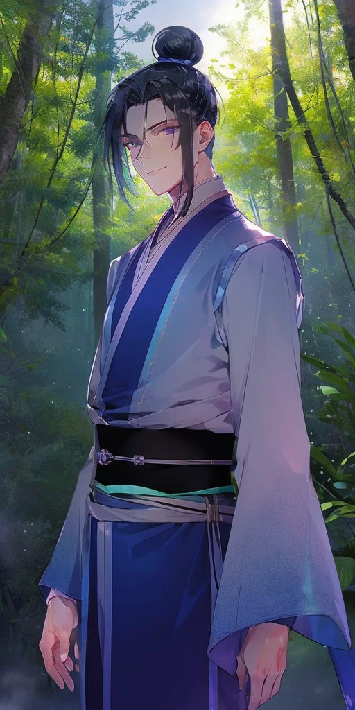 half body, (masterpiece), best quality, expressive eyes, long eyelashes, perfect face male face 1boy, looking at viewer, ebony black hair, parted bangs, top bun, hot smile, wearing a purple hanfu, male hanfu, chinese clothes, in a misty forest with blue skies, green trees, bushes., , <lora:12f6e737-6195-489d-a20b-2a17da6b1aba:0.4>, <lora:ac8e3a93-fc4e-4fc7-94b5-1b6d2bd4263e:0.4>, <lora:Nice_forest:0.4>, <lora:beautiful_detailed_eyes:0.7>